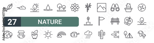 set of 27 thin line nature icons for web, mobile and digital interfaces including ecology, earth, weather, seafront, bush, plant, drop, weather and forest. editable stroke vector