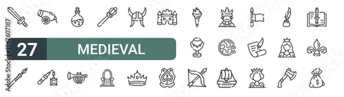 set of 27 thin line medieval icons for web, mobile and digital interfaces including sword, spear, cannon, flail, liquid, et, scepter, throne and helmet. editable stroke vector