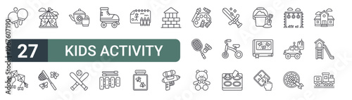 set of 27 thin line kids activity icons for web, mobile and digital interfaces including, kites, circus tent, butterfly net, tea, baseball, roller skate, xylophone and drawing tools. editable stroke