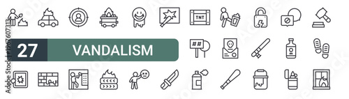 set of 27 thin line vandalism icons for web, mobile and digital interfaces including burning, broken window, car, wall, target, elevator, dumpster fire, tire and graffiti. editable stroke vector