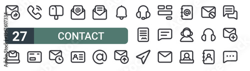 set of 27 thin line contact icons for web, mobile and digital interfaces including forward message, email, phone call, envelope, mailbox, email, email, contact information and open editable stroke