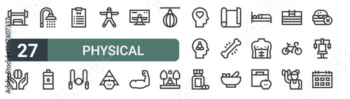 set of 27 thin line physical wellbeing icons for web, mobile and digital interfaces including weightlifting, mental health, shower, water, workout, jumping rope, stretching, balanced diet and online