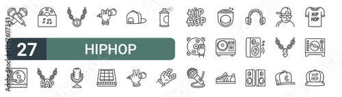 set of 27 thin line hiphop icons for web, mobile and digital interfaces including microphone, disc player, vinyl disc, necklace, necklace, microphone, microphone, bass and baseball cap. editable