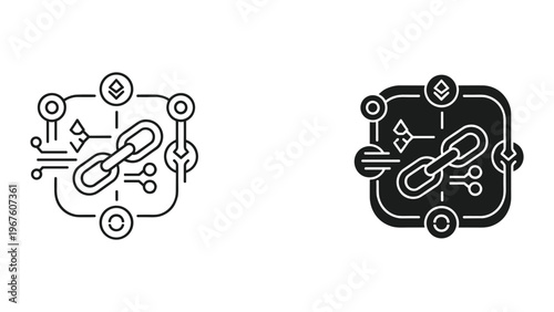 Black and white line icons of law scales with judge gavel isolated on white background for legal concepts