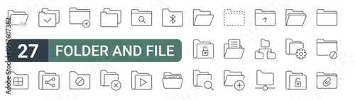 set of 27 thin line folder and file icons for web, mobile and digital interfaces including folder, grid, check, share, add, blocked, folder, delete and search. editable stroke vector