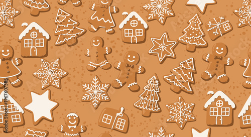 Christmas gingerbread cookies: houses, trees, snowflakes, and gingerbread men on a brown background