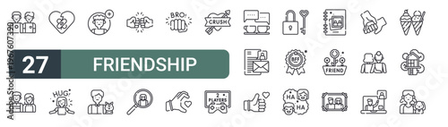 set of 27 thin line friendship icons for web, mobile and digital interfaces including two friends, two friends, bandage, hug, add friend, two friends, bro, search and bro. editable stroke vector