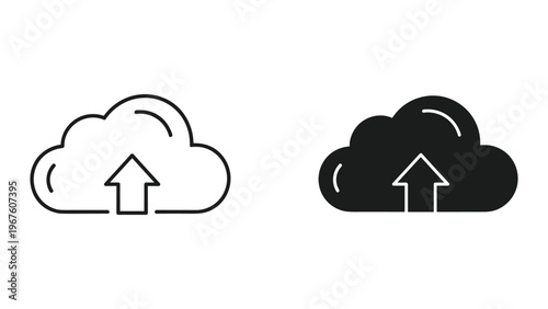 Cloud upload icons in black and white line styles for data storage concepts