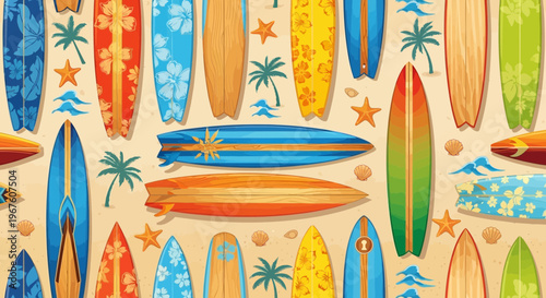 Colorful Surfboards on Sandy Beach Background, Summer Vacation and Surfing Concept