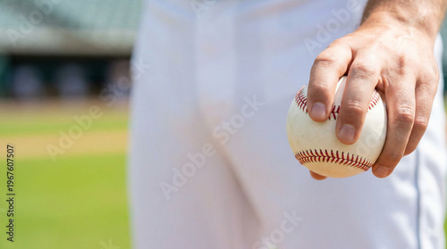 Close-up of a baseball pitcher's hand demonstrating a curveball grip against a blurred uniform background with ample copy space.