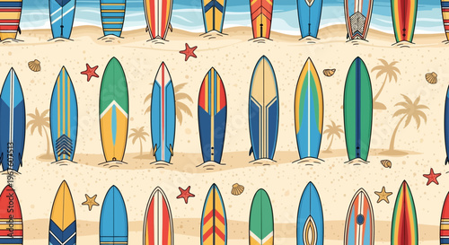 Colorful Surfboards Lined Up on Sandy Beach with Palm Trees and Starfish - Summer Vacation Vibe