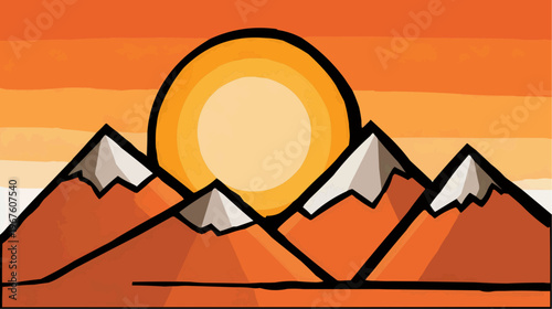 Flat vector illustration of a bold sunrise over mountain peaks, suitable for travel blogs, nature-themed designs, or outdoor adventure promotions.