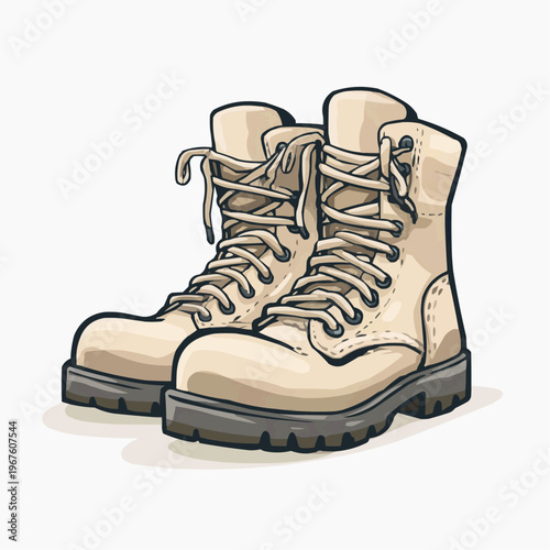 Pair of beige boots with laces, minimalist illustration. Rugged footwear concept for outdoor activity, work gear and casual fashion use.