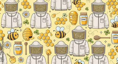 Cute Beekeeper Uniforms, Honeycombs, Bees, and Honey Jars Pattern