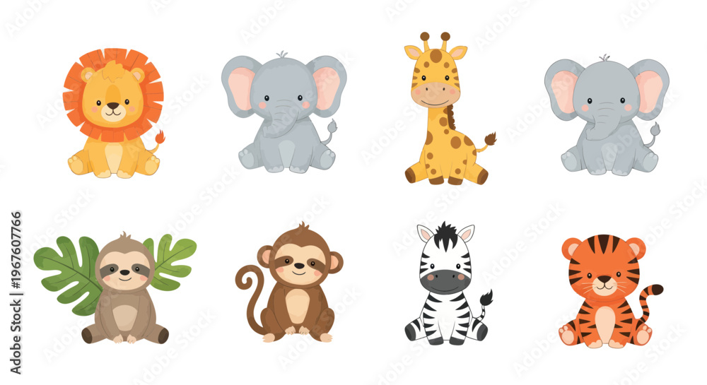 Fototapeta premium Cute Safari Animals Collection: Lion, Elephant, Giraffe, Sloth, Monkey, Zebra, Tiger