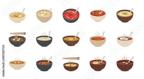 Collection of Delicious Asian Soups and Noodles in Bowls with Chopsticks