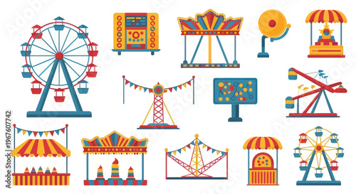 Colorful Amusement Park Rides and Attractions Collection - Vector Illustration