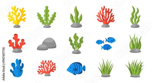 Colorful Underwater Plants, Corals, and Fish Vector Illustrations