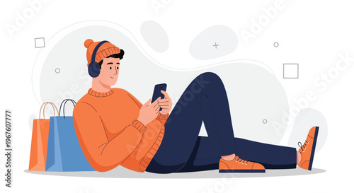 Young man with headphones using smartphone, relaxing after shopping with bags