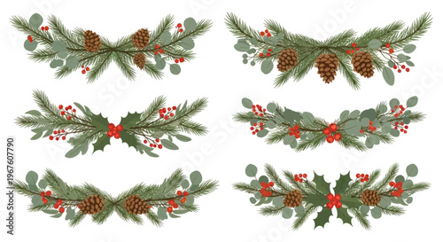 Festive Christmas Garland Elements: Pine, Holly, Berries & Pinecones