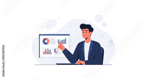 Man presenting financial data on screen, business analytics, charts and graphs