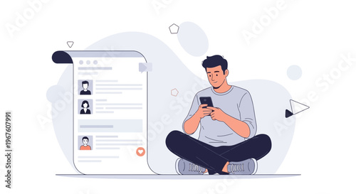 Man using smartphone near profile list, online dating app concept, social media browsing