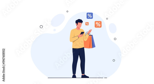 Man with shopping bags and phone, discount icons, online shopping concept