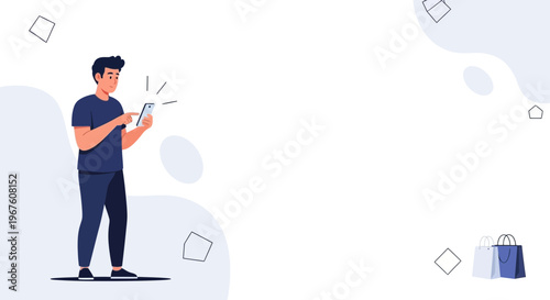 Man Using Smartphone for Online Shopping with Shopping Bags