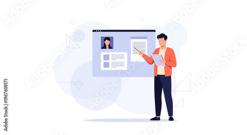Man presenting online profile or resume on a digital screen, educational concept