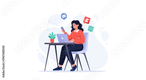 Woman working on laptop and phone, receiving notifications, remote work concept