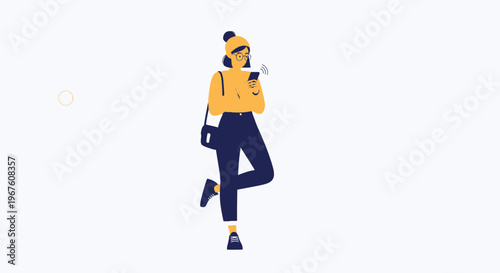 Young Woman Using Smartphone, Leaning Against Wall, Casual Style, Yellow Top, Blue Pants