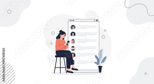 Woman using smartphone, browsing online profiles on a large screen, digital connection concept