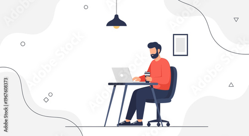 Man Working on Laptop at Desk with Coffee, Modern Office Interior, Remote Work Concept