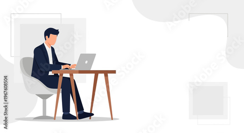 Man in Suit Working on Laptop at Desk, Modern Office Workspace