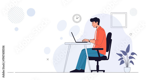 Man Working on Laptop at Desk in Modern Office with Plant and Clock