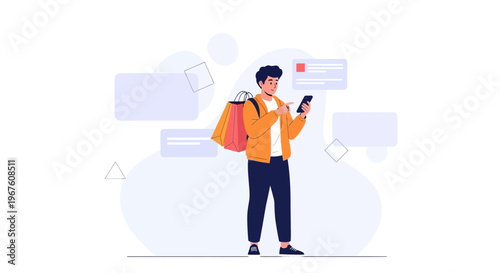 Man with Shopping Bags Using Smartphone, Online Shopping Concept