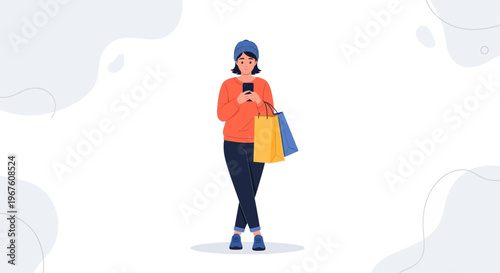 Woman with shopping bags using smartphone, online shopping concept, flat illustration