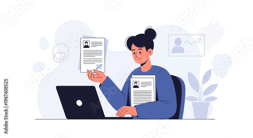 Woman working with laptop and resumes, recruitment and hiring concept