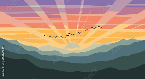 Illustration of a vibrant sunrise over mountains with birds flying in the sky with warm colorful rays.