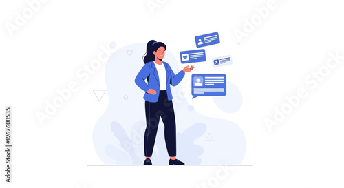 Woman with social media profiles and chat bubbles, concept of online communication and networking