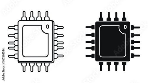 Black and white microchip icons with pin connectors on white background