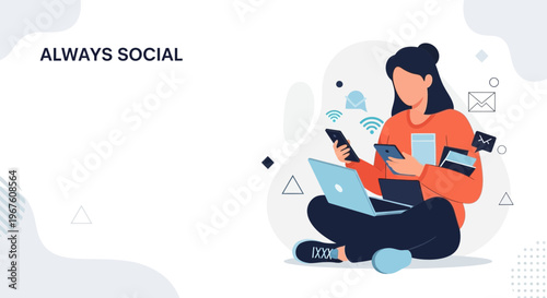 Woman surrounded by technology, always connected and social, working and communicating online