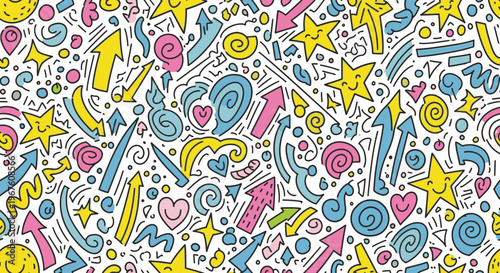 Colorful doodle pattern with arrows, stars, hearts, and swirls in pink, blue, and yellow on a white background with a playful and creative mood.