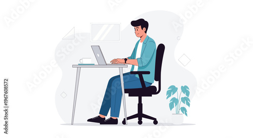 Man Working on Laptop at Desk, Modern Office, Remote Work Concept