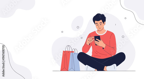 Man with smartphone and shopping bags, online shopping concept