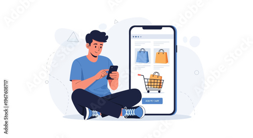 Man using smartphone for online shopping, e-commerce concept