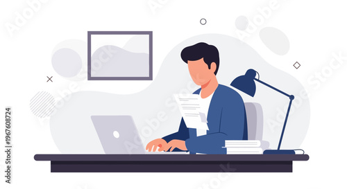 Man working on laptop at desk with papers and lamp, home office illustration