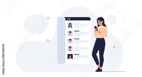 Woman Using Smartphone Browsing Online Profiles on a Digital Screen