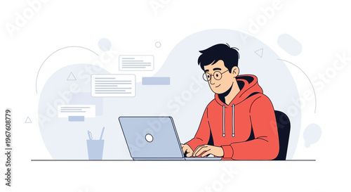 Young man in glasses working on a laptop, online learning, remote work, illustration