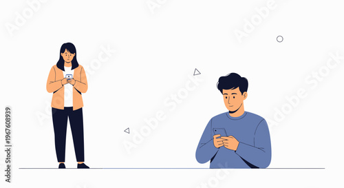 Couple ignoring each other on phones, social distancing, connection loss, modern life